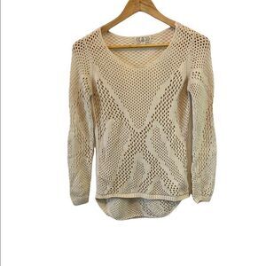 PINK ROSE Tan Crochet Scoop Neck Long Sleeve Fitted Sweater Junior Fit M